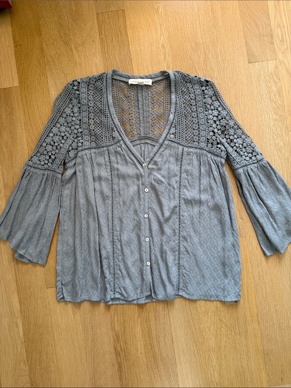 New lovestitch Gray Crochet Yoke Button-Front Blouse